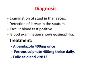 Diagnosis
- Examination of stool in the faeces.
- Detection of larvae in the sputum.
- Occult blood test positive.
- Blood examination shows eosinophilia.
Treatment:
- Albendazole 400mg once
- Ferrous sulphate 400mg thrice daily.
- Folic acid and vitB12
 