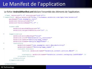 Le Manifest de l'application
3G Technonlogy 10
Le fichier AndroidManifest.xml déclare l'ensemble des éléments de l'application.
 