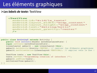 Les éléments graphiques
13
Les labels de texte: TextView
 
