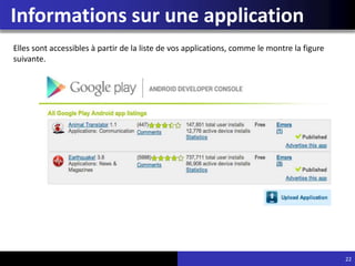 Informations sur une application
22
Elles sont accessibles à partir de la liste de vos applications, comme le montre la figure
suivante.
 