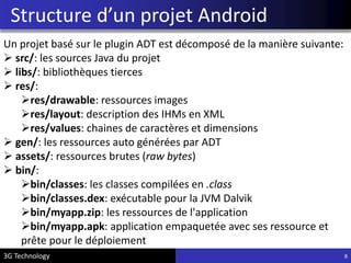 Structure d’un projet Android
3G Technology 8
Un projet basé sur le plugin ADT est décomposé de la manière suivante:
 src/: les sources Java du projet
 libs/: bibliothèques tierces
 res/:
res/drawable: ressources images
res/layout: description des IHMs en XML
res/values: chaines de caractères et dimensions
 gen/: les ressources auto générées par ADT
 assets/: ressources brutes (raw bytes)
 bin/:
bin/classes: les classes compilées en .class
bin/classes.dex: exécutable pour la JVM Dalvik
bin/myapp.zip: les ressources de l'application
bin/myapp.apk: application empaquetée avec ses ressource et
prête pour le déploiement
 