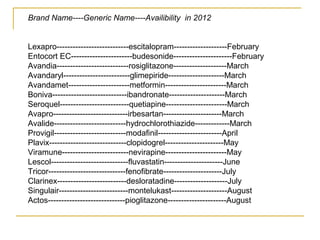Brand Name----Generic Name----Availibility in 2012 
Lexapro---------------------------escitalopram--------------------February 
Entocort EC-----------------------budesonide----------------------February 
Avandia---------------------------rosiglitazone--------------------March 
Avandaryl-------------------------glimepiride---------------------March 
Avandamet-----------------------metformin-----------------------March 
Boniva----------------------------ibandronate---------------------March 
Seroquel--------------------------quetiapine-----------------------March 
Avapro----------------------------irbesartan----------------------March 
Avalide---------------------------hydrochlorothiazide-------------March 
Provigil---------------------------modafinil------------------------April 
Plavix-----------------------------clopidogrel----------------------May 
Viramune-------------------------nevirapine-----------------------May 
Lescol-----------------------------fluvastatin----------------------June 
Tricor-----------------------------fenofibrate----------------------July 
Clarinex--------------------------desloratadine--------------------July 
Singulair--------------------------montelukast---------------------August 
Actos-----------------------------pioglitazone----------------------August 
 