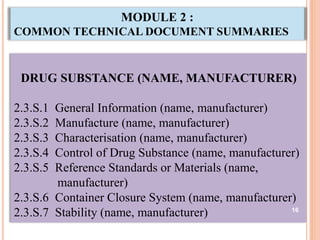 MODULE 2 :
COMMON TECHNICAL DOCUMENT SUMMARIES
DRUG SUBSTANCE (NAME, MANUFACTURER)
2.3.S.1 General Information (name, manufacturer)
2.3.S.2 Manufacture (name, manufacturer)
2.3.S.3 Characterisation (name, manufacturer)
2.3.S.4 Control of Drug Substance (name, manufacturer)
2.3.S.5 Reference Standards or Materials (name,
manufacturer)
2.3.S.6 Container Closure System (name, manufacturer)
2.3.S.7 Stability (name, manufacturer) 16
 