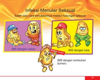 Infeksi Menular Seksual
  Salah satu cara penularannya melalui hubungan seksual




IMS dengan cairan                         IMS dengan luka


                                 IMS dengan tumbuhan
                                 (tumor)



                                                            20
 