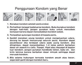 Penggunaan Kondom yang Benar



1. Kenakan kondom setelah penis ereksi.
2. Perhatikan tanggal kadaluarsa kondom. Buka bungkus kondom
   dengan hati-hati. Jangan gunakan kuku untuk menyobek
   kemasan karena dapat menyebabkan kondom sobek.
3. Tempatkan gulungan kondom di kepala penis.
4. Sambil menekan ujung kondom untuk mengeluarkan udara,
   dorong ke bawah menyarungi seluruh penis. Kondom dapat
   pecah/bocor jika terdapat udara pada ujung kondom. Jika
   diinginkan, dapat menambahkan 1-2 tetes pelicin berbahan
   dasar air seperti k-y jelly, Topgel, Vigel atau Aquagel di bagian
   luar kondom. Jangan gunakan handbody lotion, baby oil, dan
   krim lainnya karena berbahan dasar minyak sehingga dapat
   merusak kondom.
5. Bila selama hubungan ternyata kondom pecah atau bocor,
   segeralah ganti dengan kondom baru.
                                                                       37
 