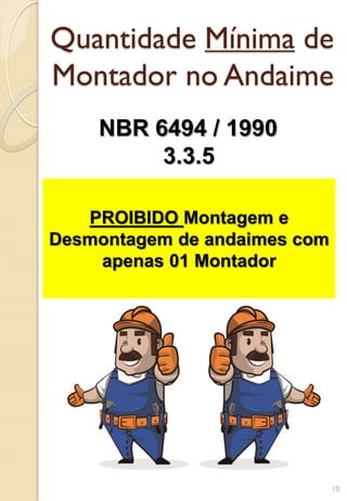 Quantidade Mínima de
Montador no Andaime
NBR 6494 / 1990
3.3.5
PROIBIDO Montagem e
Desmontagem de andaimes com
apenas 01 Montador
10
 