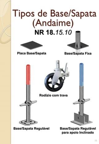 Tipos de Base/Sapata
(Andaime)
Placa Base/Sapata Base/Sapata Fixa
Base/Sapata Regulável Base/Sapata Regulável
para apoio Inclinado
Rodízio com trava
NR 18.15.10
15
 