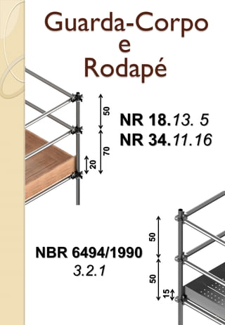 Guarda-Corpo
Rodapé
e
20
7050
15
5050
NR 18.13. 5
NR 34.11.16
NBR 6494/1990
3.2.1
31
 