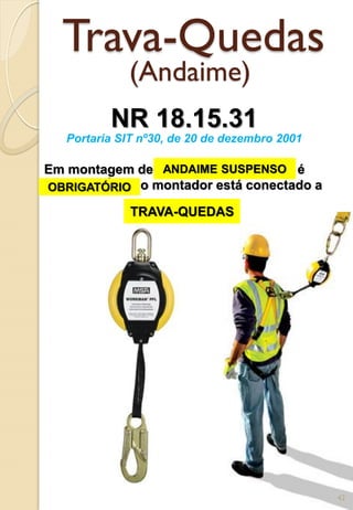 Trava-Quedas
(Andaime)
NR 18.15.31
Portaria SIT nº30, de 20 de dezembro 2001
Em montagem de ANDAIME SUSPENSO é
OBRIGATÓRIO o montador está conectado a
ANDAIME SUSPENSO
OBRIGATÓRIO
TRAVA-QUEDAS
42
 