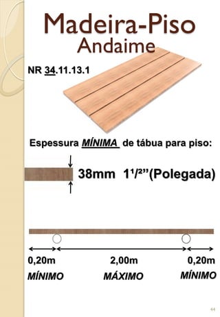 Madeira-Piso
2,00m 0,20m0,20m
Espessura MÍNIMA de tábua para piso:
38mm 1¹/²”(Polegada)
MÁXIMOMÍNIMO MÍNIMO
Andaime
NR 34.11.13.1
44
 
