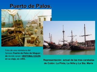 Puerto de Palos.




Foto de una miniatura del
famoso Puerto de Palos de Moguer ,
de donde zarpó CRISTOBAL COLÓN
en su viaje, en 1492.              Representación actual de las tres carabelas
                                   de Colón: La Pinta, La Niña y La Sta. María
 