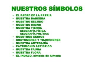 NUESTROS SÍMBOLOS
•
•
•
•
•

EL PADRE DE LA PATRIA
NUESTRA BANDERA
NUESTRO ESCUDO
NUESTRO HIMNO
NUESTRA TIERRA

•
•
•
•
•
...