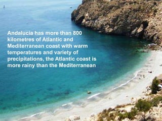 Andalucía has more than 800
kilometres of Atlantic and
Mediterranean coast with warm
temperatures and variety of
precipitations, the Atlantic coast is
more rainy than the Mediterranean
 