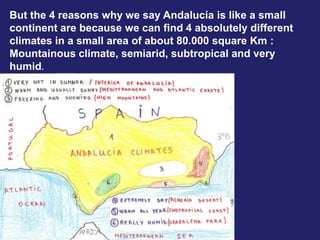 But the 4 reasons why we say Andalucía is like a small
continent are because we can find 4 absolutely different
climates in a small area of about 80.000 square Km :
Mountainous climate, semiarid, subtropical and very
humid.
 