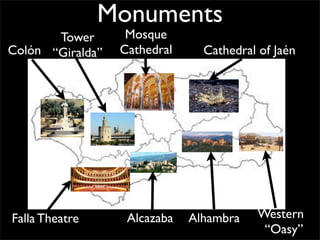 Monuments
Colón
Falla Theatre Alcazaba Alhambra Western
“Oasy”
Cathedral of Jaén
Mosque
Cathedral
Tower
“Giralda”
 
