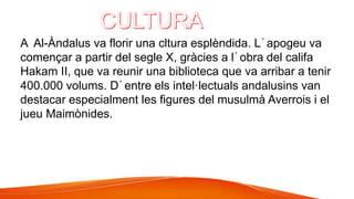 A -ÀԻ岹ܲ va florir una cltura esplèndida. L´apogeu va
començar a partir del segle X, gràcies a l´obra del califa
Hakam II, que va reunir una biblioteca que va arribar a tenir
400.000 volums. D´entre els intel·lectuals andalusins van
destacar especialment les figures del musulmà Averrois i el
jueu Maimònides.
 