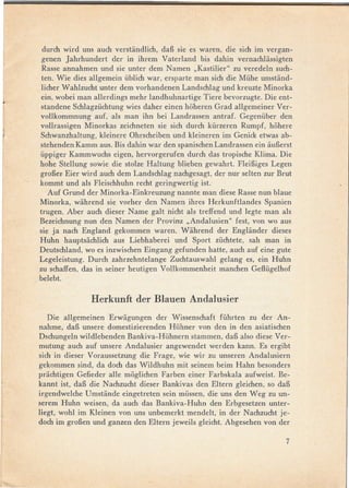 durch wird uns auch verstandlich, daB sie es waren, die sich im vergan-
 genen Jahrhundert    der in ihrem Vaterland bis dahin vernachlassigten
 Rasse annahmen und sie unter dem Namen "Kastilier" zu veredeln such-
 ten. Wie dies allgemein üblich war, ersparte man sich die Mühe umstand-
 licher Wahlzucht unter dem vorhandenen Landschlag und kreuzte Minorka
 ein, wobei man allerdings mehr landhuhnartige Tiere bevorzugte. Die ent-
 standene Schlagzüchtung wies daher einen hoheren Grad allgemeiner Ver-
 vollkommnung auf, als man ihn bei Landrassen antraf. Gegenüber den
vollrassigen Minorkas zeichneten sie sich durch kürzeren Rumpf, hohere
Schwanzhaltung, kleinere Ohrscheiben und kleineren im Genick etwas ab-
stehenden Kamm aus. Bis dahin war den spanischen Landrassen ein auBerst
üppiger Kammwuchs eigen, hervorgerufen durch das tropische Klima. Die
hohe Stellung sowie die stolze Haltung blieben gewahrt. FleiBiges Legen
groBel' Eier wird auch dem Landschlag nachgesagt, der nur selten zur Brut
kommt und als Fleischhuhn recht geringwertig ist.
    Auf Grund der Minorka-Einkreuzung    nannte man diese Rasse nun blaue
Minorka, wahrend sie vorher den Namen ihres ~erkunftlandes        Spanien
trugen. Aber auch dieser Name galt nicht als treffend und legte man als
Bezeichnung nun den Namen der Provinz "Andalusien" fest, von wo aus
sie ja nach England gekommen waren. Wahrend der Engliinder dieses
Huhn hauptsachlich aus Liebhaberei und Sport züchtete, sah man in
Deutschland, wo es inzwischen Eingang gefunden hatte, auch auf eine gute
Legeleistung. Durch zahrzehntelange Zuchtauswahl gelang es, ein Huhn
zu schaffen, das in seiner heutigen Vollkommenheit manchen GeOügelhof
belebt.

               Herkunft     der Blauen Andalusier

   Die allgemeinenErwagungen       der Wissenschaft führten zu der An-
nahme, daB unsere domestizierenden Hühner von den in den asiatischen
Dschungeln wildlebenden Bankiva-Hühnern stammen, daB also diese Ver-
mutung auch auf unsere Andalusier angewendet werden kann. Es ergibt
sich in dieser V oraussetzung die Frage, wie wir zu unseren Andalusiern
gekommen sind, da doch das Wildhuhn mit seinem beim Hahn besonders
prachtigen Gefieder alle moglichen Farben einer Farbskala aufweist. Be-
kannt ist, daB die Nachzucht dieser Bankivas den Eltern gleichen, so daB
irgendwelche Umstande eingetreten sein müssen, die uns den Weg zu un-
serem Huhn weisen, da auch das Bankiva-Huhn den Erbgesetzen unter-
liegt, wohl im Kleinen von uns unbemerkt mendelt, in der Nachzucht je-
doch im groBen und ganzen den Eltern jeweils gleicht. Abgesehen von der

                                                                       7
 