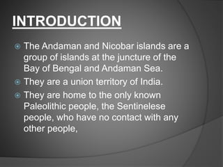 INTRODUCTION
 The Andaman and Nicobar islands are a
group of islands at the juncture of the
Bay of Bengal and Andaman Sea.
 They are a union territory of India.
 They are home to the only known
Paleolithic people, the Sentinelese
people, who have no contact with any
other people,
 