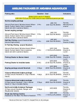Goods and Services Tax @ 5% charged Extra on all packages.
ANGLING PACKAGES BY ANDAMAN AQUAHOLICS
Fishing sites Duration Cost Inclusions
(Below prices are for 4 Anglers,
USD 200/170 Euro/ Rs.13000 extra for each additional person per trip)
Sunrise angling package
(Around Peel Island, Nicholas Island, Wilson
Island, Outram Island, Henry Lawrence
Island and John Lawrence Island.)
3 Hrs
USD 700
(600 Euro/Rs.46000)
Permits,
Morning tea &
snacks
Sunset angling package
(Around Peel Island, Nicholas Island, Wilson
Island, Outram Island, Henry Lawrence
Island and John Lawrence Island.
3 Hrs
USD 700
(600 Euro/Rs.46000)
Permits,
Juice/tea &
snacks
Half Day Fishing around Havelock/Neil
(Around Inglis Island)
4 Hrs
USD 800
(680 Euro/Rs.52000)
Permits,
Snacks & water
01 Full Day Fishing around Havelock
(Around Peel Island, Nicholas Island, Wilson
Island, Outram Island, Henry Lawrence
Island and John Lawrence Island.)
8 Hrs
USD 1300
(1100 Euro/Rs.84500)
Permits,
Snacks &
Lunch
Fishing Charter to Barren Island 8 Hrs
USD 2300
(1956 Euro/Rs.150000)
Permits,
Snacks &
Lunch
Fishing Charter to Invisible banks 8 Hrs
USD 2500
(2120 Euro/Rs.162500)
Permits,
Snacks &
Lunch
Angling package around Havelock 3 Days
USD 3600
(3050 Euro/Rs.235000)
Permits,
Snacks &
Lunch
4 days professional anglers package
(3 Days around Havelock & 1 Day in Barren
Island)
4 days
USD 5900
(5010 Euro/Rs.384000)
Permits,
Snacks &
Lunch
5 days professional anglers package
(3 Days around Havelock,1 Day in Barren
Island & 1 Day in Invisible Banks)
5 Days
USD 8200
(6952 Euro/Rs.533000)
Permits,
Snacks &
Lunch
North and middle Andaman Packages
(5 Days around Havelock, Rangat, and
Mayabunder Islands.
5 Days
USD 8200
Permits,
Snacks &
Lunch
Single day fishing charters
Havelock to Port Blair/ Port Blair to Havelock
4 Hrs
USD 1300
(1100 Euro/Rs.84500)
Permits,
Snacks &
Lunch
 