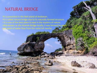NATURAL BRIDGE
•It is presented in the Neil island of Andaman.
•It is called natural bridge due to its naturally formed structure.
• It is one of the best place to awe in the mystery of nature.
•Also known as the Howrah Bridge locally, it was formed by years
and years of water flow from the rocky hill nearby.
 