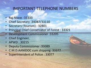 IMPORTANT TELEPHONE NUMBERS
•   Raj Niwas :33333
•   Chief Secretary :34087/33110
•   Secretary (Tourism) : 32801
•   Principal Chief Conservator of Forest : 33321
•   Development Commissioner :33205
•   Chief Engineer,
•   APWD : 30215
•   Deputy Commissioner :33089
•   C.M.D.AANIDOC cum shipping :33377
•   Superintendent of Police : 33077
 