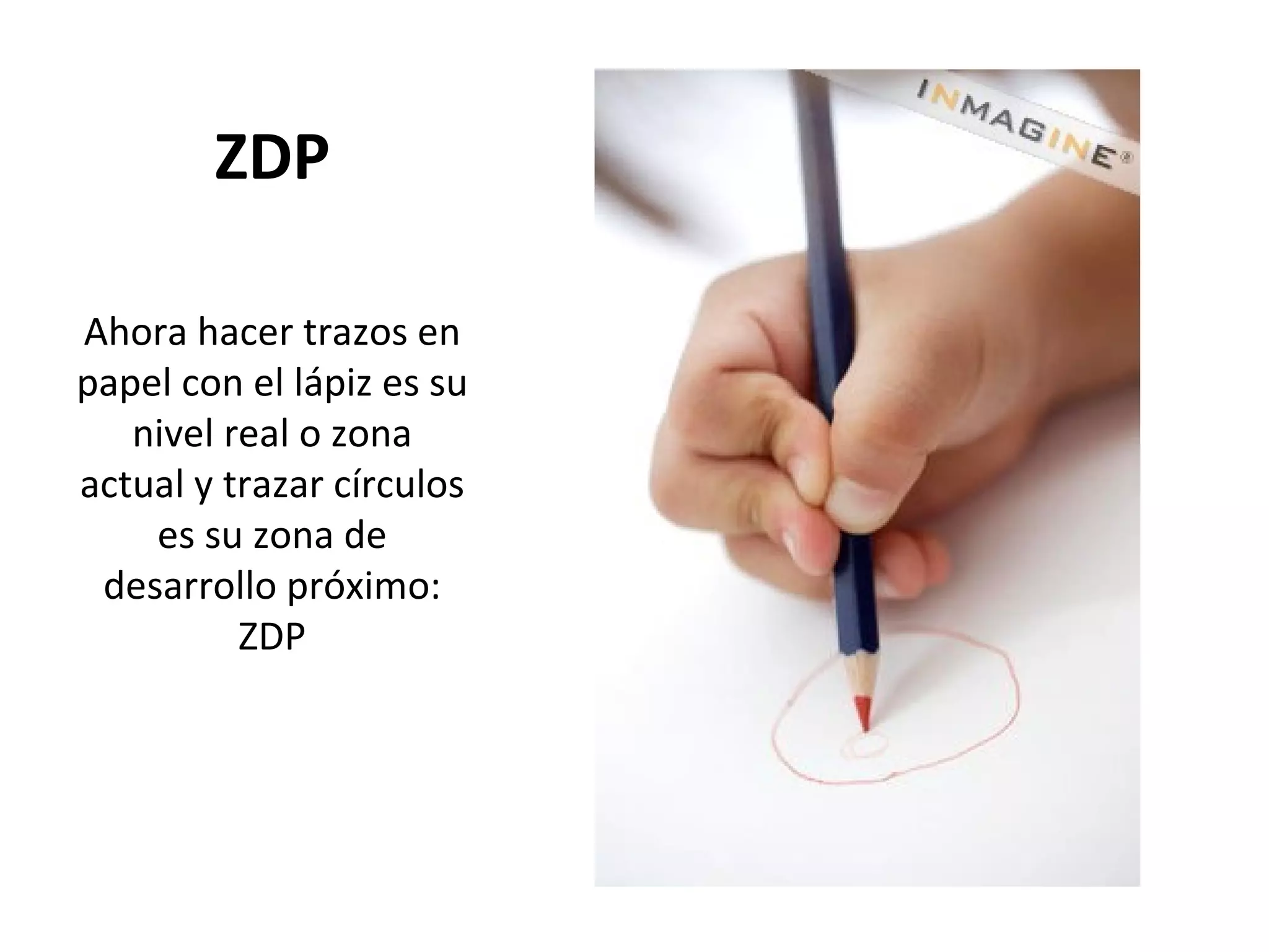 ZDP Ahora hacer trazos en papel con el lápiz es su nivel real o zona actual y trazar círculos es su zona de desarrollo próximo: ZDP