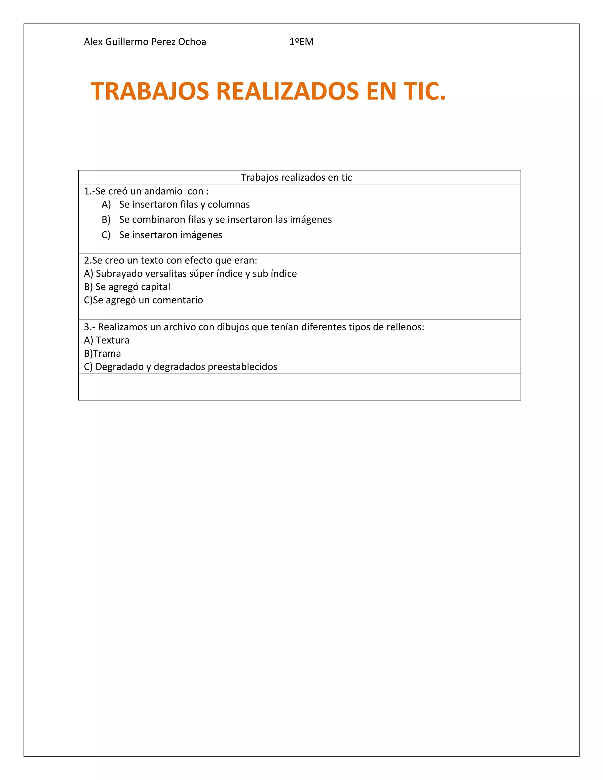 Alex Guillermo Perez Ochoa 1ºEM
Trabajos realizados en tic
1.-Se creó un andamio con :
A) Se insertaron filas y columnas
B) Se combinaron filas y se insertaron las imágenes
C) Se insertaron imágenes
2.Se creo un texto con efecto que eran:
A) Subrayado versalitas súper índice y sub índice
B) Se agregó capital
C)Se agregó un comentario
3.- Realizamos un archivo con dibujos que tenían diferentes tipos de rellenos:
A) Textura
B)Trama
C) Degradado y degradados preestablecidos
TRABAJOS REALIZADOS EN TIC.