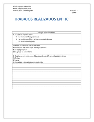 Bryan Alberto López Luna
Karen Arely lozano García
José de Jesús Juárez delgado maquina 11
1ºEM
Trabajos realizados en tic
1.-Se creó un andamio con :
A) Se insertaron filas y columnas
B) Se combinaron filas y se insertaron las imágenes
C) Se insertaron imágenes
2.Se creo un texto con efecto que eran:
A) Subrayado versalitas súper índice y sub índice
B) Se agregó capital
C)Se agregó un comentario
3.- Realizamos un archivo con dibujos que tenían diferentes tipos de rellenos:
A) Textura
B)Trama
C) Degradado y degradados preestablecidos
TRABAJOS REALIZADOS EN TIC.
 