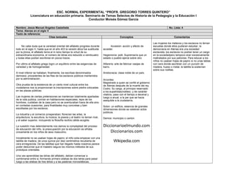 ESC. NORMAL EXPERIMENTAL “PROFR. GREGORIO TORRES QUINTERO”
             Licenciatura en educación primaria. Seminario de Temas Selectos de Historia de la Pedagogía y la Educación I
                                                   Conductor Moisés Gómez García

Nombre: Jesús Manuel Ángeles Castañeda                                                                                                   No. Lista: 4
Tema: Atenas en el siglo V
Texto de referencia:
                           Citas textuales                                                     Conceptos                                     Comentarios

                                                                                                                            Las mujeres los metecos y los esclavos no tenían
     No cabe duda que la variedad oriental del alfabeto progreso durante             Accesión: acción y efecto de           escuelas donde ellos pudieran estudiar, la
todo en el siglo V, hasta que en el año 403 la versión ática fue sustituida     acceder.                                    democracia en Atenas era una sociedad
por la jónica, el alfabeto tenía al m ismo tiempo la virtud de su                                                           esclavista, los esclavos no podían tener un cargo
extraordinaria economía, el número de letras era reducido a veinticuatro        Hegemonía: polit. Supremacía que un         en la sociedadpero tampoco eran excesivamente
y todas ellas podían escribirse en pocos trazos.                                estado o pueblo ejerce sobre otro.          maltratados por sus patrones. Para educar a los
                                                                                                                            niños no usaban hojas de papiro si no unas tablas
Por ultimo el alfabeto griego logro un equilibrio entre las exigencias de       Alfarería: arte de fabricar vasijas de      con cera donde escribían con un punzón de
variedad y de homogeneidad.                                                     barro.                                      madera, hueso o metal, la tablilla la sostenían
                                                                                                                            sobre sus rodillas.
A nivel inferior se hallaban, finalmente, los escribas denominados              Aristocracia: clase noble de un país.
demosioi, procedentes de las filas de los esclavos públicos mantenidos
por la administración.                                                          Arcontes:
                                                                                Magistrado a quien se confió el gobierno
Otra prueba de la existencia de un cierto nivel cultural entre los              de Atenas después de la muerte del rey
ciudadanos nos la proporcionan la inscripciones sobre piedra colocadas          Codro. Su cargo, al principio reservado
en las plazas públicas.                                                         a los eupatridas(nobles) y de carácter
                                                                                vitalicio, paso con el tiempo a decenal y
Las mujeres de ciertas pretensiones se mantenían totalmente apartadas           luego a anual, a la par que se hacia
de la vida publica, comían en habitaciones especiales, lejos de los             asequible a la ciudadanía.
hombres, cuidaban de la casa pero no se aventuraban fuera de ella sino
en contadas ocasiones, para finalidades muy concretas y bien                    Solon: un edificio, estancia de grandes
escoltadas por los esclavos.                                                    dimensiones donde se celebran actos
                                                                                públicos.
La industria y el comercio prosperaban; florecían las artes, la
arquitectura, la escultura, la música, la poesía y el teatro no tenían rival,   Demos: municipio o canton.
y el saber superior, incluyendo la filosofía recibía cálida acogida.

La cuestión mas detenidamente nos damos la complejidad del proceso              Diccionarioelmundo.com
de educación del niño, la preocupación por la educación se sifraba
únicamente en los niños de sexo masculino.                                          Diccionarios.com
Inicialmente no se usaban hojas de papiro; el niño solia empezar con una
tablilla de madera, de unos quince por diez centímetros recubierta de                    Wikipedia.com
cera ennegrecida. De las tablillas que han llegado hasta nosotros parece
poder deducirse que el maestro seguía los mismos métodos de sus
prototipos orientales.

Una ves aprendidas las letras del alfabeto, debían comenzar a
combinarse entre si, formando primero silabas de dos letras para pasar
luego a las silabas de tres letras y a las palabras monosilábicas.
 