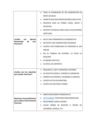  TIENE LA POSIBILIDAD DE SER COMPARTIDO EN
REDES SOCIALES
 PERMITE REALIZAR PRESENTACIONES GRATUITAS
 PRESENTA DEAS DE FORMA CLARA, CORTA Y
DIVERTIDA.
 EXISTEN TUTURIALES PARA USAR LA PLATAFORMA
ADECUADA
¿Cuáles son algunas
desventajas de usar
PowToon?
 NO ES UNA HERRAMIENTA COLABORATIVA
 NO EXISTE UNA VERSION PARA DSCARGAR
 CUENTA CON PROBLEMAS DE CONEXIÓN AL SER
ONLINE
 NO SE TRABAJA SIN INTERNET, ES DECIR LO
REQUIERE
 ES MENOS PRACTICO
 ES DIFICIL DE EXPORTAR
¿Cuáles son los requisitos
para utilizar PowToon?
 REQUIERE EL USO Y CONEXIÓN A INTERNET
 SE NECESITA GOOGLE, CHROME O CHROMIUM
 CORREO ELECTRONICO, FACEBOOK O LINKEDIN
 CUENTA ACTVA EN POWTOON
 CUENTA EN YOUTUBE O VIMEO
Menciona el procedimiento
para realizar la herramienta
PowToon
 ABRIR NAVEGADOR CHROMIUM EN
 HTTP://WWW. POWTOON.COM/HOME/G/ES/
 REGISTRARSE COMO USUARIO
 ELEGIR FORMA DE REGSTRO A TRAVÉS DE
FACEBOOK, GOOGLE, ETC.
 
