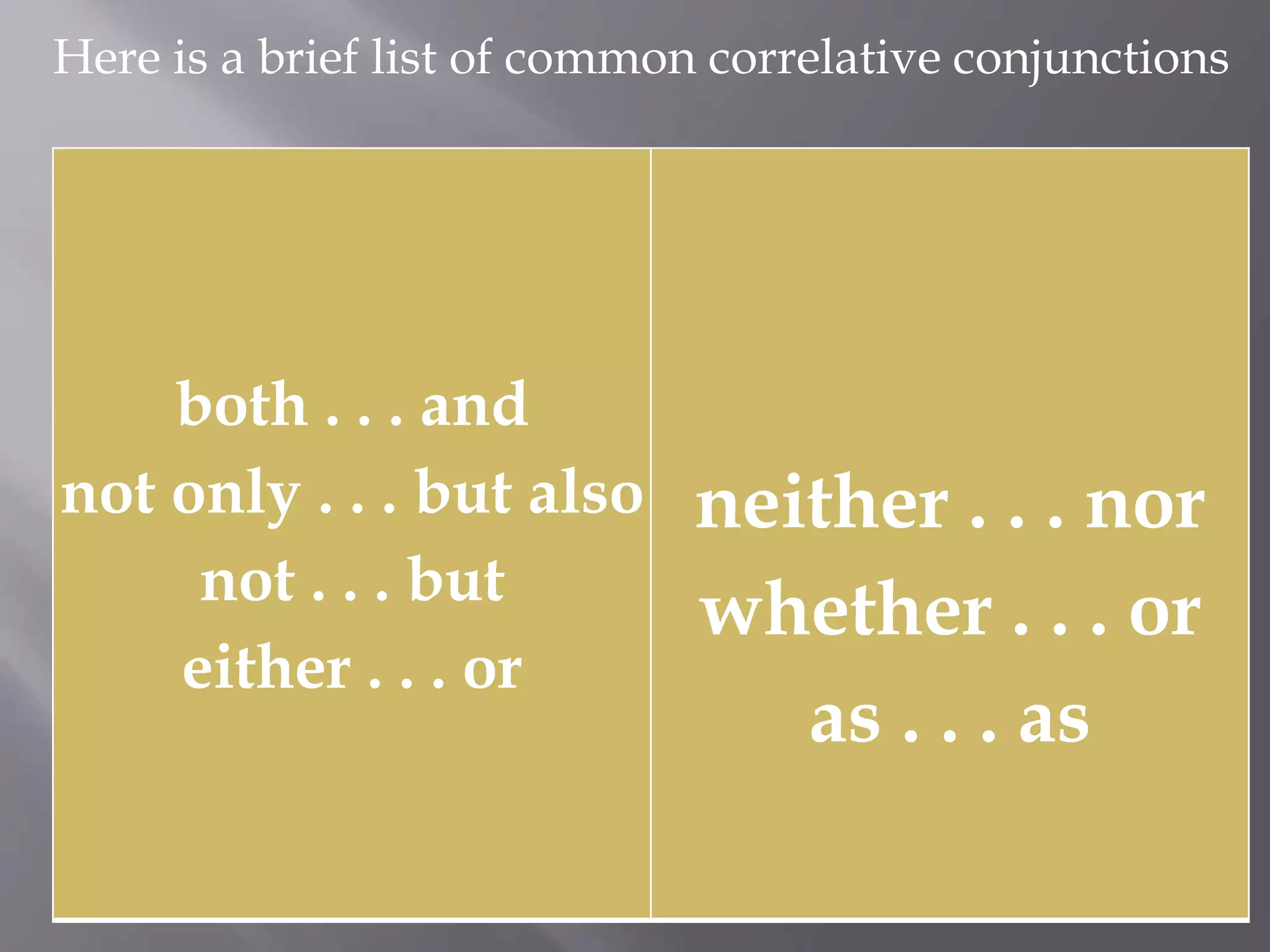 Here is a brief list of common correlative conjunctions
both . . . and
not only . . . but also
not . . . but
either . . . or
neither . . . nor
whether . . . or
as . . . as
 