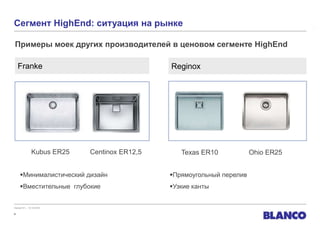Сегмент HighEnd: ситуация на рынке                                ANDANO-U und -IF


Примеры моек других производителей в ценовом сегменте HighEnd

    Franke                                    Reginox




               Kubus ER25   Centinox ER12,5      Texas ER10            Ohio ER25


     Минималистический дизайн                Прямоугольный перелив
     Вместительные глубокие                  Узкие канты


Version 01 – 12.10.2010

4
 