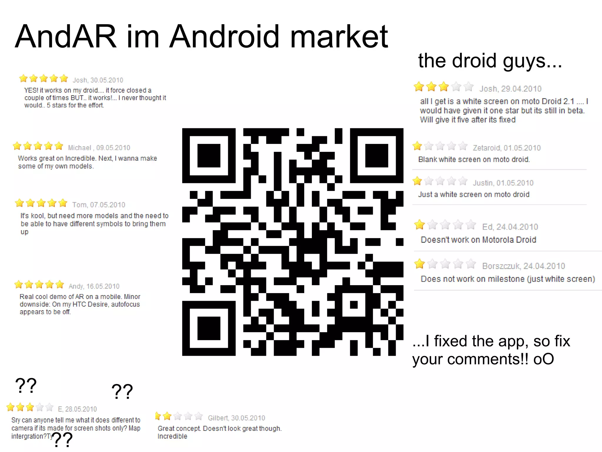 AndAR im Android market the droid guys... ...I fixed the app, so fix your comments!! oO ?? ?? ?? 