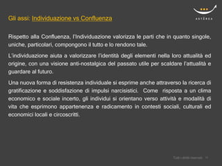 Gli assi: Individuazione vs Confluenza

Rispetto alla Confluenza, l’Individuazione valorizza le parti che in quanto singole,
uniche, particolari, compongono il tutto e lo rendono tale.
L’individuazione aiuta a valorizzare l’identità degli elementi nella loro attualità ed
origine, con una visione anti-nostalgica del passato utile per scaldare l’attualità e
guardare al futuro.

Una nuova forma di resistenza individuale si esprime anche attraverso la ricerca di
gratificazione e soddisfazione di impulsi narcisistici. Come risposta a un clima
economico e sociale incerto, gli individui si orientano verso attività e modalità di
vita che esprimono appartenenza e radicamento in contesti sociali, culturali ed
economici locali e circoscritti.




                                                                         Confidential
                                                                     Tutti i diritti riservati    13
                                                                                                 13
 