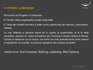 Le strategie: Lungimiranza

All’incrocio tra Progetto e Confluenza.
E’ l’ambito della progettualità sociale sostenibile.

E’ l’area dei modelli innovativi e delle nuove opportunità per imprese, consumatori,
cittadini.
La crisi sollecita a pensare avanti ed in questo la sostenibilità, al di là della
reputation, assume un valore economico per l’impresa e diviene fattore di fiducia.
Cambia la relazione con la natura, che entra non solo potentemente come materia
e ingrediente nei prodotti, ma diventa ispiratrice dei processi produttivi.


I Market Driver: Eco-Corporate, Bioliving, Lightening, Mind Opening




                                                                        Confidential
                                                                    Tutti i diritti riservati    19
                                                                                                19
 