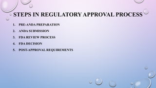 STEPS IN REGULATORY APPROVAL PROCESS
1. PRE-ANDA PREPARATION
2. ANDA SUBMISSION
3. FDA REVIEW PROCESS
4. FDA DECISION
5. POST-APPROVAL REQUIREMENTS
 
