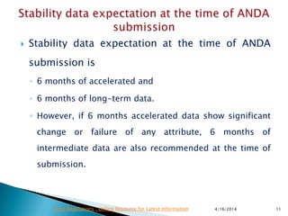  Stability data expectation at the time of ANDA
submission is
◦ 6 months of accelerated and
◦ 6 months of long-term data.
◦ However, if 6 months accelerated data show significant
change or failure of any attribute, 6 months of
intermediate data are also recommended at the time of
submission.
4/16/2014 11Drug Regulations : Online Resource for Latest Information
 