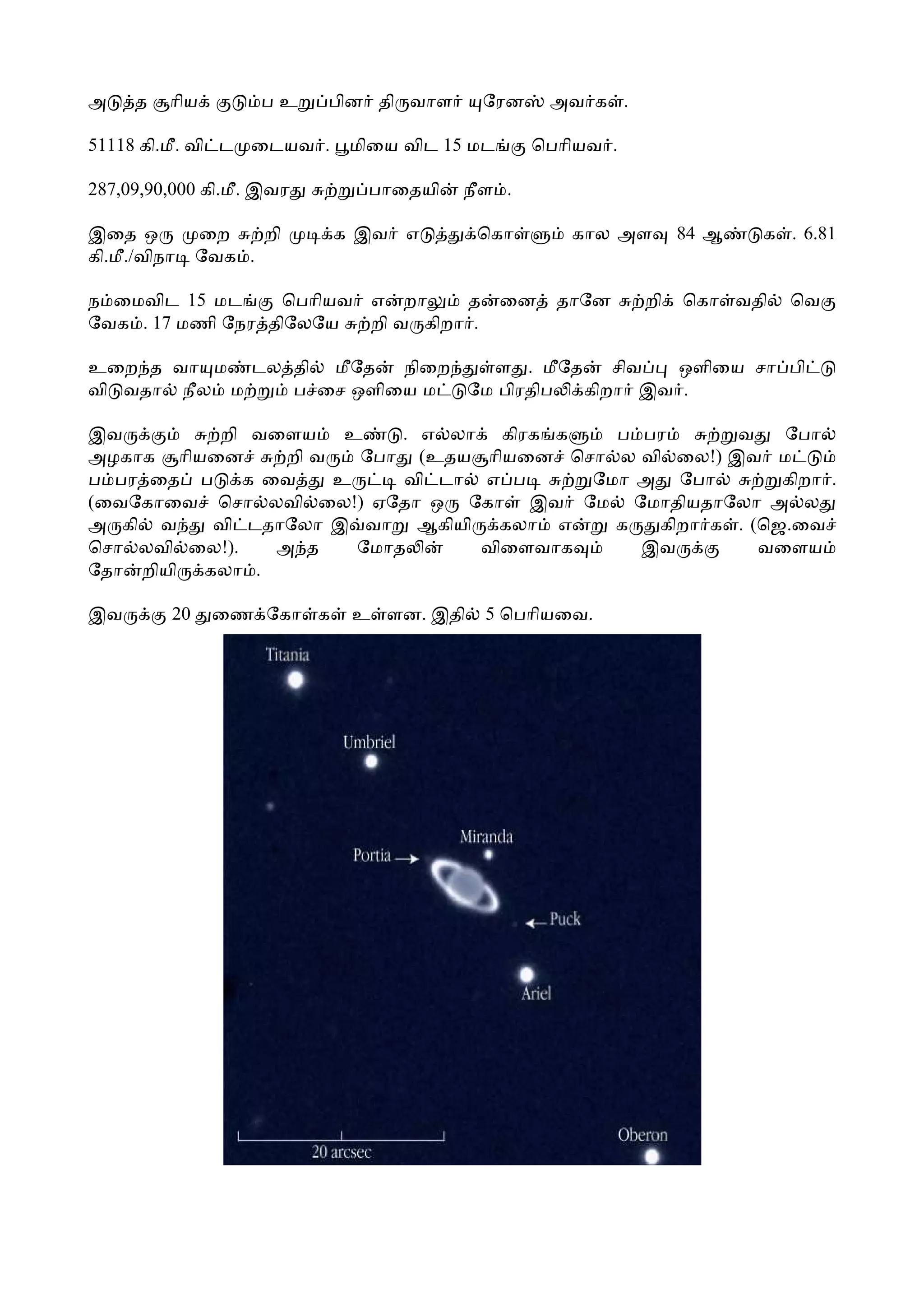 அ    த    ாிய        பஉ    பின தி வாள    ேரன      அவ க .

51118 கி.மீ. வி ட ைடயவ .    மிைய விட 15 மட      ெபாியவ .

287,09,90,000 கி.மீ. இவர      பாைதயி    நீள .

இைத ஒ          ைற    றி    க இவ எ        ெகா       கால அள       84 ஆ   க . 6.81
கி.மீ./விநா    ேவக .

ந ைமவிட 15 மட     ெபாியவ எ றா     த          ைன   தாேன     றி   ெகா வதி   ெவ
ேவக . 17 மணி ேநர திேலேய  றி வ கிறா .

உைற த வா ம டல தி மீேத  நிைற   ள . மீேத    சிவ  ஒளிைய சா பி
வி வதா நீல ம  ப ைச ஒளிைய ம  ேம பிரதிப  கிறா இவ .

இவ        றி வைளய உ          . எ லா கிரக க   ப பர      வ    ேபா
அழகாக ாியைன       றி வ   ேபா (உதய ாியைன ெசா ல வி ைல!) இவ ம
ப பர ைத ப     க ைவ     உ     வி டா எ ப     ேமா அ ேபா        கிறா .
(ைவேகாைவ ெசா லவி ைல!) ஏேதா ஒ ேகா இவ ேம ேமாதியதாேலா அ ல
அ கி வ    வி டதாேலா இ வா ஆகியி கலா எ         க  கிறா க . (ெஜ.ைவ
ெசா லவி ைல!).    அ த     ேமாத      விைளவாக     இவ         வைளய
ேதா றியி கலா .

இவ        20    ைண ேகா க    உ ளன. இதி     5 ெபாியைவ.
 