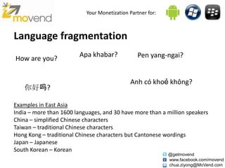 Your Monetization Partner for:



Language fragmentation
                         Apa khabar?             Pen yang-ngai?
How are you?


                                             Anh có khoẻ không?
    你好吗?

Examples in East Asia
India – more than 1600 languages, and 30 have more than a million speakers
China – simplified Chinese characters
Taiwan – traditional Chinese characters
Hong Kong – traditional Chinese characters but Cantonese wordings
Japan – Japanese
South Korean – Korean
                                                            @getmovend
                                                            www.facebook.com/movend
                                                            chua.ziyong@MoVend.com
 
