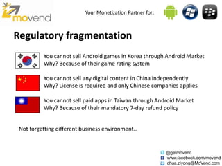 Your Monetization Partner for:



Regulatory fragmentation
          You cannot sell Android games in Korea through Android Market
          Why? Because of their game rating system

          You cannot sell any digital content in China independently
          Why? License is required and only Chinese companies applies

          You cannot sell paid apps in Taiwan through Android Market
          Why? Because of their mandatory 7-day refund policy


 Not forgetting different business environment..


                                                            @getmovend
                                                            www.facebook.com/movend
                                                            chua.ziyong@MoVend.com
 