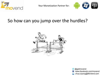 Your Monetization Partner for:




So how can you jump over the hurdles?




                                               @getmovend
                                               www.facebook.com/movend
                                               chua.ziyong@MoVend.com
 
