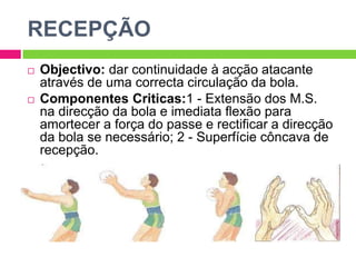 RECEPÇÃO
 Objectivo: dar continuidade à acção atacante
através de uma correcta circulação da bola.
 Componentes Criticas:1 - Extensão dos M.S.
na direcção da bola e imediata flexão para
amortecer a força do passe e rectificar a direcção
da bola se necessário; 2 - Superfície côncava de
recepção.
 