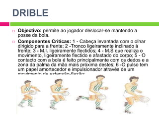 DRIBLE
 Objectivo: permite ao jogador deslocar-se mantendo a
posse da bola.
 Componentes Criticas: 1 - Cabeça levantada com o olhar
dirigido para a frente; 2 -Tronco ligeiramente inclinado à
frente; 3 - M.I. ligeiramente flectidos; 4 - M.S que realiza o
movimento, ligeiramente flectido e afastado do corpo; 5 - O
contacto com a bola é feito principalmente com os dedos e a
zona da palma da mão mais próxima destes; 6 -O pulso tem
um papel amortecedor e impulsionador através de um
movimento de extensão-flexão;
 