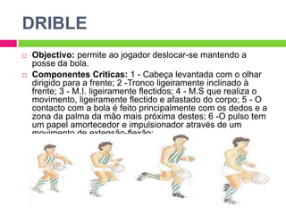 DRIBLEObjectivo: permite ao jogador deslocar-se mantendo a posse da bola.Componentes Criticas: 1 - Cabeça levantada com o olhar dirigido para a frente; 2 -Tronco ligeiramente inclinado à frente; 3 - M.I. ligeiramente flectidos; 4 - M.S que realiza o movimento, ligeiramente flectido e afastado do corpo; 5 - O contacto com a bola é feito principalmente com os dedos e a zona da palma da mão mais próxima destes; 6 -O pulso tem um papel amortecedor e impulsionador através de um movimento de extensão-flexão;