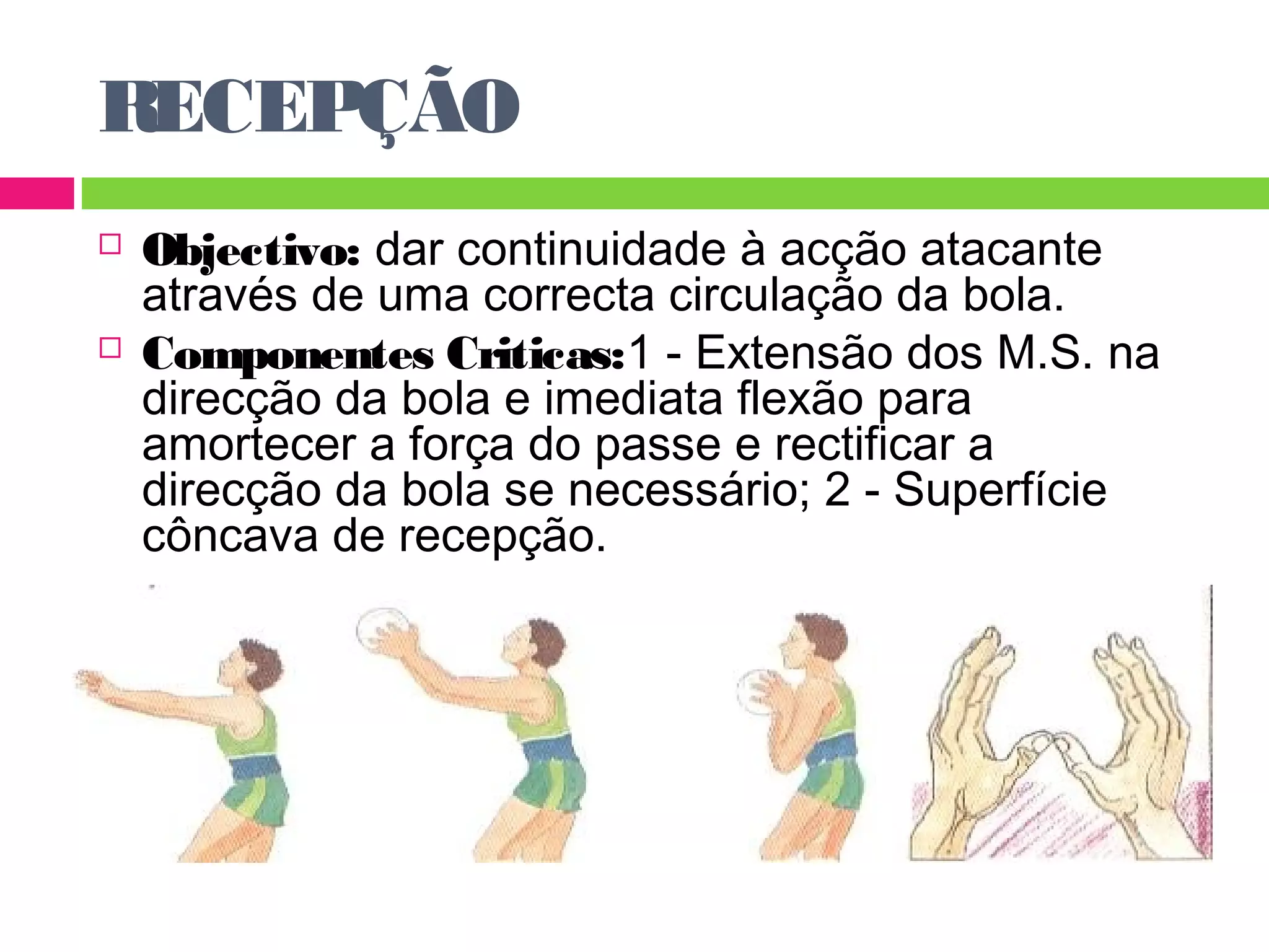 RECEPÇÃO 
 Objectivo: dar continuidade à acção atacante 
através de uma correcta circulação da bola. 
 Componentes Criticas:1 - Extensão dos M.S. na 
direcção da bola e imediata flexão para 
amortecer a força do passe e rectificar a 
direcção da bola se necessário; 2 - Superfície 
côncava de recepção. 
 