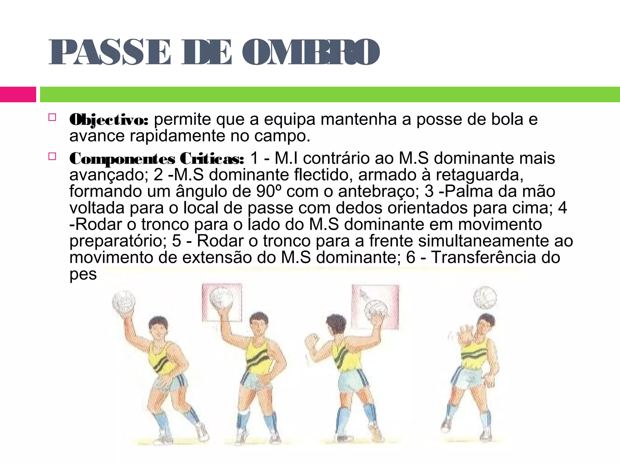 PASSE DE OMBRO 
 Objectivo: permite que a equipa mantenha a posse de bola e 
avance rapidamente no campo. 
 Componentes Criticas: 1 - M.I contrário ao M.S dominante mais 
avançado; 2 -M.S dominante flectido, armado à retaguarda, 
formando um ângulo de 90º com o antebraço; 3 -Palma da mão 
voltada para o local de passe com dedos orientados para cima; 4 
-Rodar o tronco para o lado do M.S dominante em movimento 
preparatório; 5 - Rodar o tronco para a frente simultaneamente ao 
movimento de extensão do M.S dominante; 6 - Transferência do 
peso do corpo para o M.I mais avançado. 
 