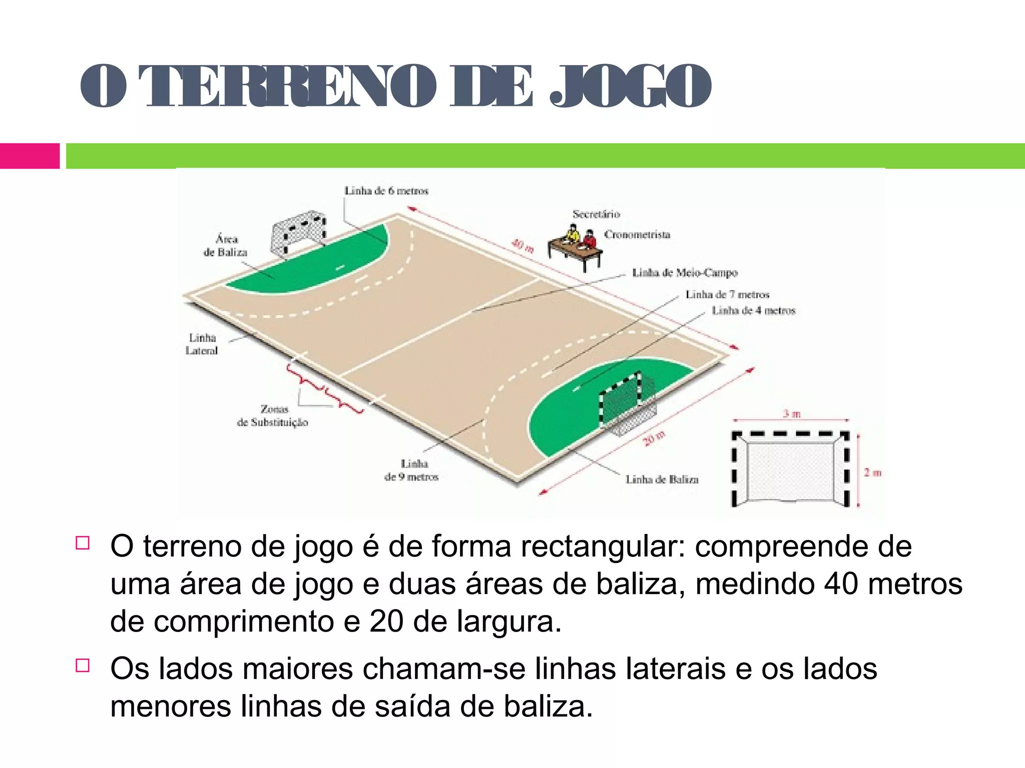 O TERRENO DE JOGO 
 O terreno de jogo é de forma rectangular: compreende de 
uma área de jogo e duas áreas de baliza, medindo 40 metros 
de comprimento e 20 de largura. 
 Os lados maiores chamam-se linhas laterais e os lados 
menores linhas de saída de baliza. 
 