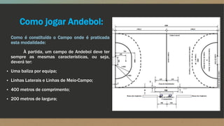 Como jogar Andebol:
Como é constituído o Campo onde é praticada
esta modalidade:
À partida, um campo de Andebol deve ter
sempre as mesmas características, ou seja,
deverá ter:
▪ Uma baliza por equipa;
▪ Linhas Laterais e Linhas de Meio-Campo;
▪ 400 metros de comprimento;
▪ 200 metros de largura;
 