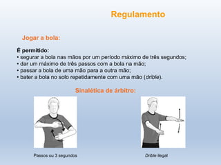 Jogar a bola:
É permitido:
• segurar a bola nas mãos por um período máximo de três segundos;
• dar um máximo de três passos com a bola na mão;
• passar a bola de uma mão para a outra mão;
• bater a bola no solo repetidamente com uma mão (drible).
Drible ilegal
Passos ou 3 segundos
Sinalética de árbitro:
Regulamento
 