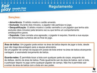 Sanções:
• Advertência: O árbitro mostra o cartão amarelo.
• Exclusão: Durante dois minutos, o jogador não participa no jogo.
• Desqualificação: O árbitro mostra o cartão vermelho a um jogador que tenha sido
excluído (dois minutos) pela terceira vez ou que tenha um comportamento
antidesportivo grave.
• Expulsão: Caso cometa uma agressão, o jogador é expulso, ficando a sua equipa
em inferioridade numérica até ao final do jogo.
Área de baliza: Um jogador pode entrar na área de baliza depois de jogar a bola, desde
que não traga desvantagem para a equipa adversária.
Se um jogador de campo da equipa em posse de bola entrar na área de baliza alcançando
vantagem, é assinalado lançamento de baliza.
Guarda-redes: É permitido tocar a bola com qualquer parte do corpo, enquanto ato
de defesa, dentro da área de baliza. Pode igualmente sair da área de baliza, sem a bola,
e participar depois no jogo como qualquer jogador de campo. Não lhe é permitido sair
e entrar da área de baliza com a bola em seu poder.
Regulamento
 